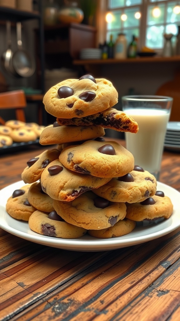 A stack of warm chocolate chip cookies on a plate with melted chocolate chips, alongside a glass of milk.